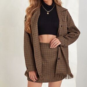Plaid Print Drop Shoulder Fringe Trim Coat & Skirt